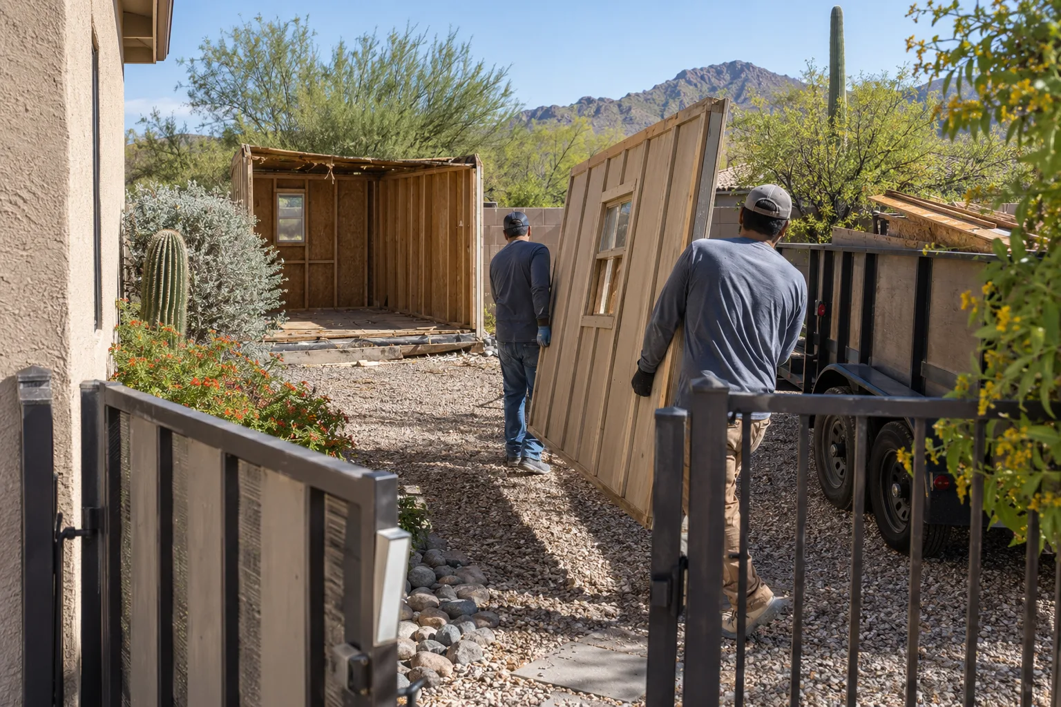 Shed removal planning scene representative of a Tucson-area property
